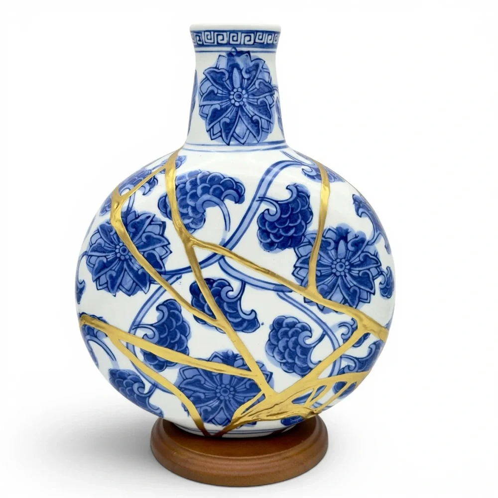 Kintsugi Vase Chinese Porcelain Moon Flask Gold Crack Art Personal Growth Gift - Picture 9 of 14